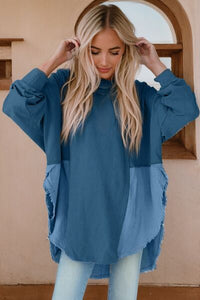 Contrast Texture Round Neck Long Sleeve Blouse Trandify deal
