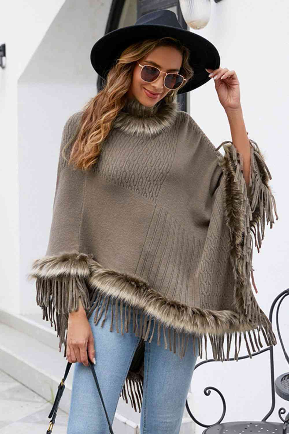Faux Fur Trim Fringed Poncho Trandify deal