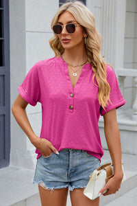 Eyelet Notched Short Sleeve T-Shirt Trandify deal