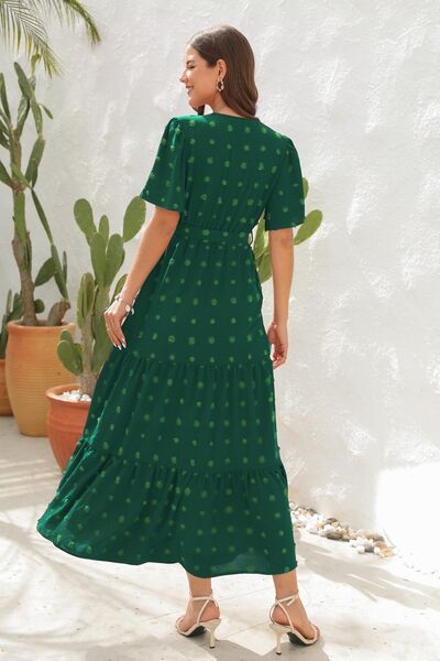 Swiss Dot Tied Surplice Short Sleeve Dress Trandify deal