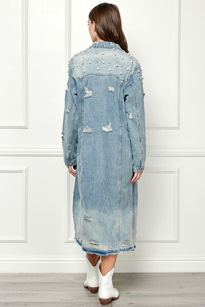 Veveret Full Size Distressed Raw Hem Pearl Detail Button Up Jacket Trandify deal
