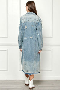 Veveret Full Size Distressed Raw Hem Pearl Detail Button Up Jacket Trandify deal