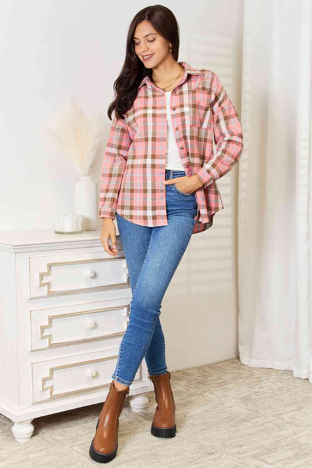 Double Take Plaid Collared Neck Long Sleeve Button-Up Shirt Trandify deal
