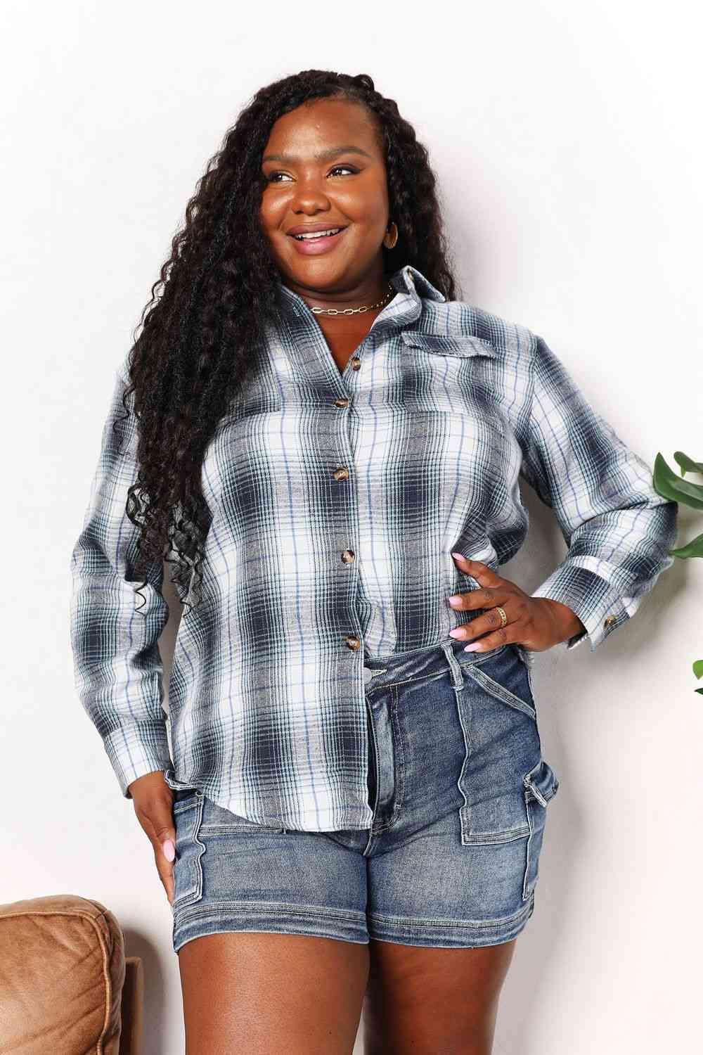 Double Take Plaid Dropped Shoulder Shirt Trandify deal