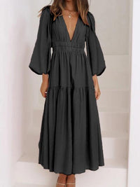 Deep V-Neck Balloon Sleeve Plain Maxi Dress Trandify deal