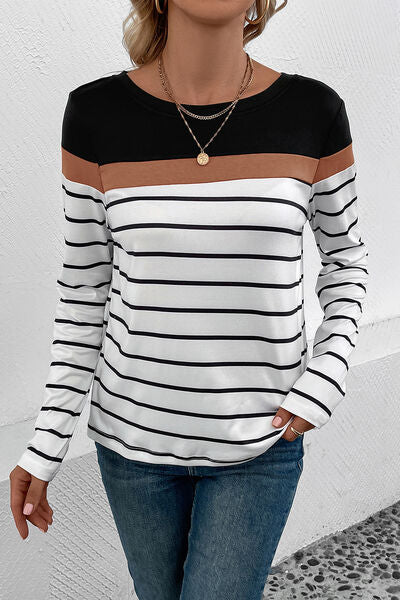 Perfee Striped Round Neck Long Sleeve T-Shirt Trandify deal