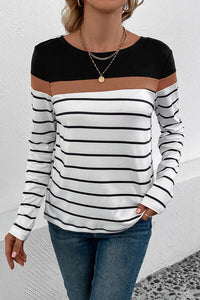 Perfee Striped Round Neck Long Sleeve T-Shirt Trandify deal