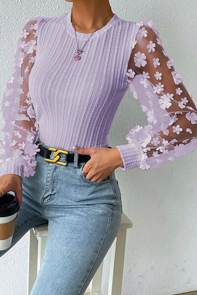 Double Take Textured Applique Long Sleeve Blouse Trandify deal