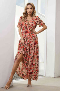 Floral V-Neck Short Flounce Sleeve Dress Trandify deal