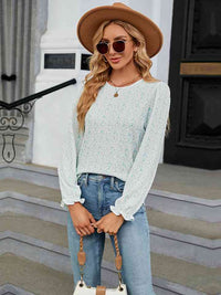 Printed Round Neck Flounce Sleeve Blouse Trandify deal