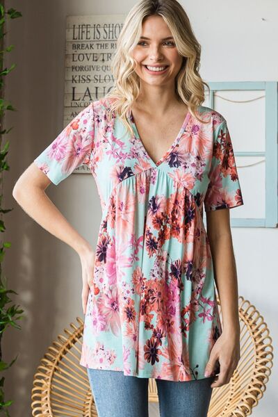 Heimish Full Size Floral V-Neck Short Sleeve Babydoll Blouse Trandify deal