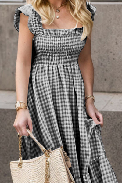 Full Size Smocked Ruffled Plaid Ruffle Hem Dress Trandify deal