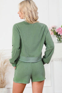 Round Neck Long Sleeve Top and Drawstring Shorts Lounge Set Trandify deal