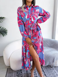 Tied Button Up Long Sleeve Dress Trendsi