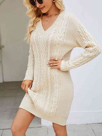 Cable-Knit V-Neck Mini Sweater Dress Trandify deal