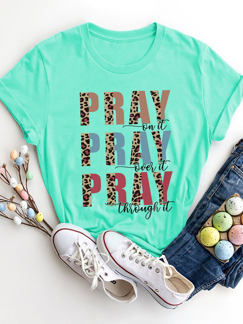 Letter Graphic Round Neck Short Sleeve T-Shirt Trandify deal