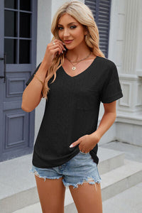 Eyelet V-Neck Short Sleeve T-Shirt Trandify deal