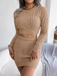 Cable-Knit Round Neck Top and Skirt Sweater Set Trandify deal
