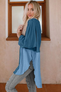 Contrast Texture Round Neck Long Sleeve Blouse Trandify deal