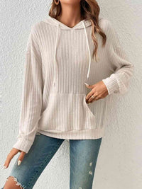 Ribbed Dropped Shoulder Drawstring Hoodie Trandify deal