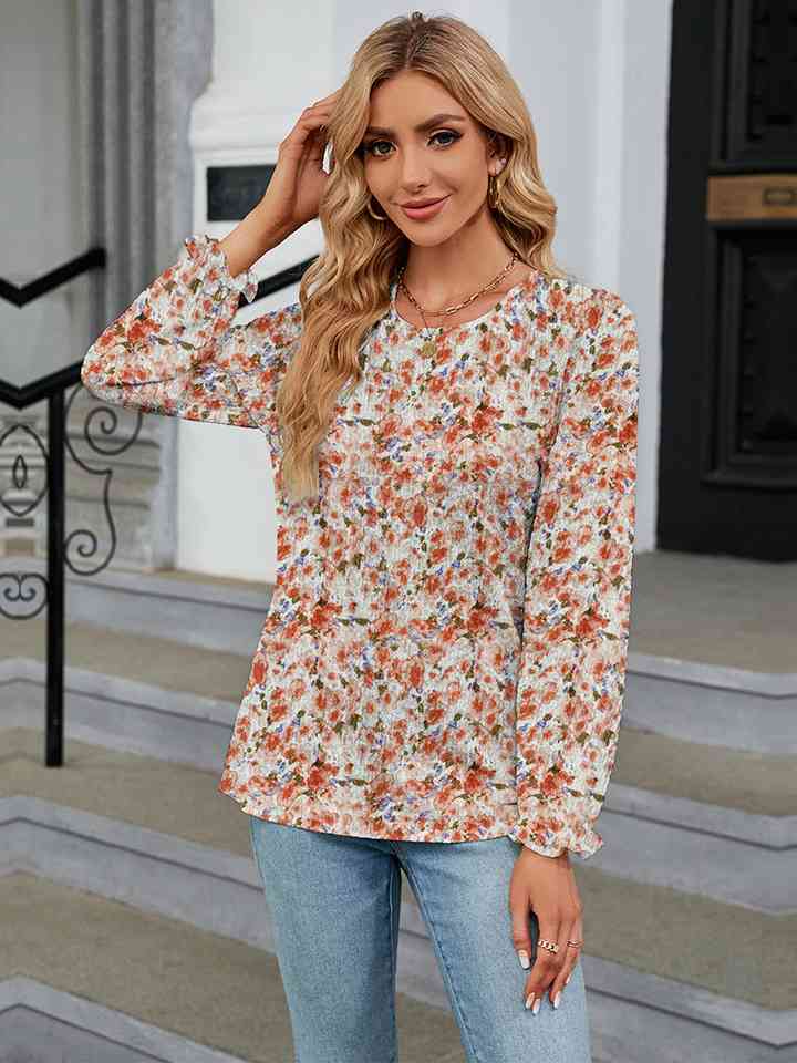 Printed Round Neck Flounce Sleeve Blouse Trandify deal