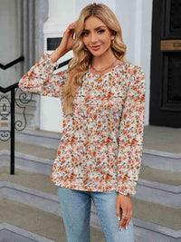 Printed Round Neck Flounce Sleeve Blouse Trandify deal