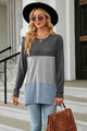Color Block Round Neck Long Sleeve Slit T-Shirt Trandify deal