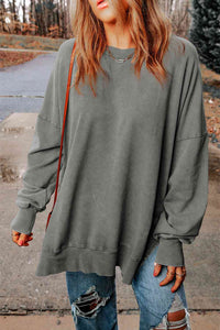 Dropped Shoulder Round Neck Long Sleeve Blouse Trandify deal