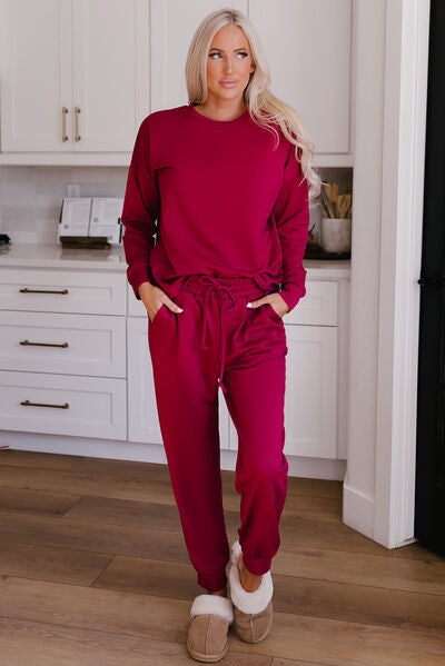 Round Neck Top and Drawstring Pants Lounge Set Trandify deal