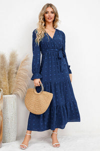 Swiss Dot Tied Surplice Flounce Sleeve Dress Trandify deal