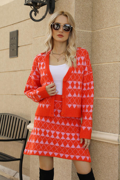 Geometric Button Front Cardigan and Skirt Set Trandify deal