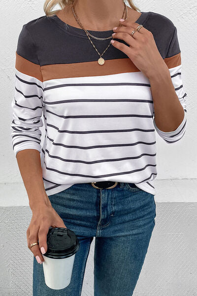Perfee Striped Round Neck Long Sleeve T-Shirt Trandify deal