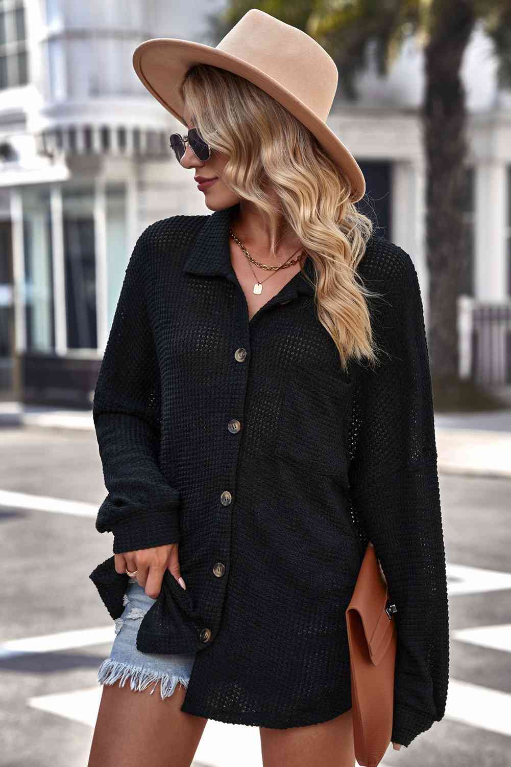 Waffle-Knit Collared Neck Dropped Shoulder Shirt Trandify deal