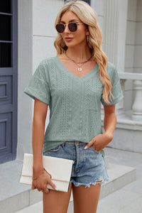 Eyelet V-Neck Short Sleeve T-Shirt Trandify deal