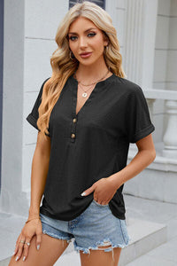 Eyelet Notched Short Sleeve T-Shirt Trandify deal