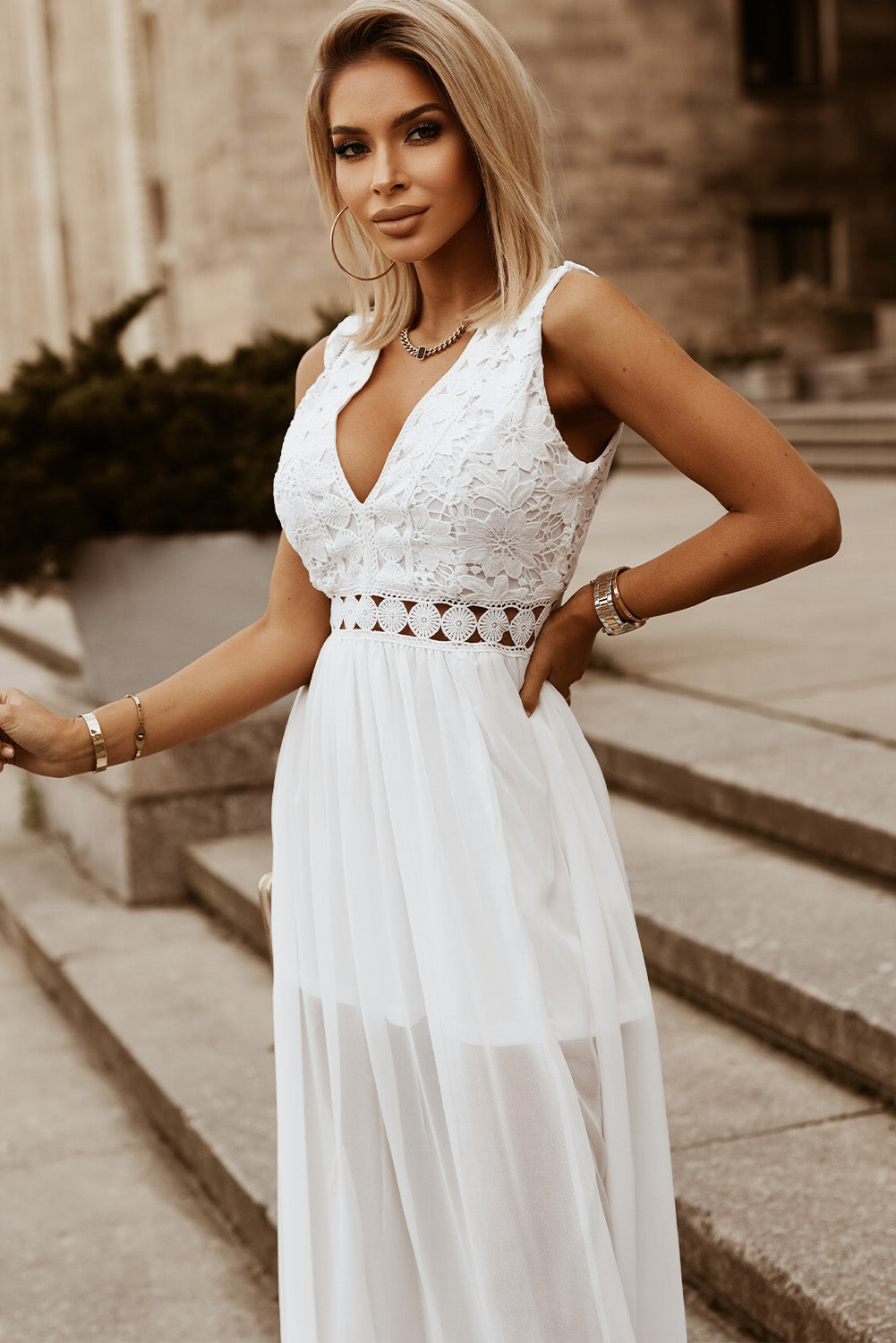 Slit Lace Detail V-Neck Dress Trandify deal