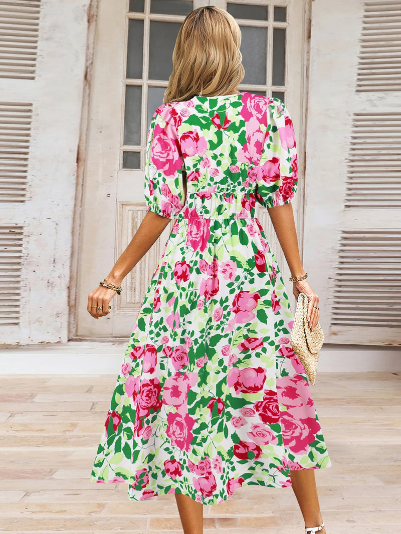 Ruched Printed Surplice Short Sleeve Dress Trandify deal