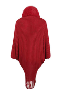 Fringe Detail Long Sleeve Ribbed Poncho Trandify deal
