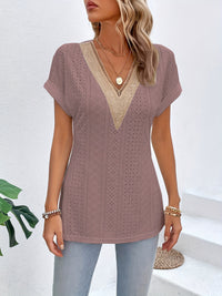 Slit Eyelet V-Neck Short Sleeve Blouse Trandify deal
