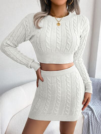 Cable-Knit Round Neck Top and Skirt Sweater Set Trandify deal