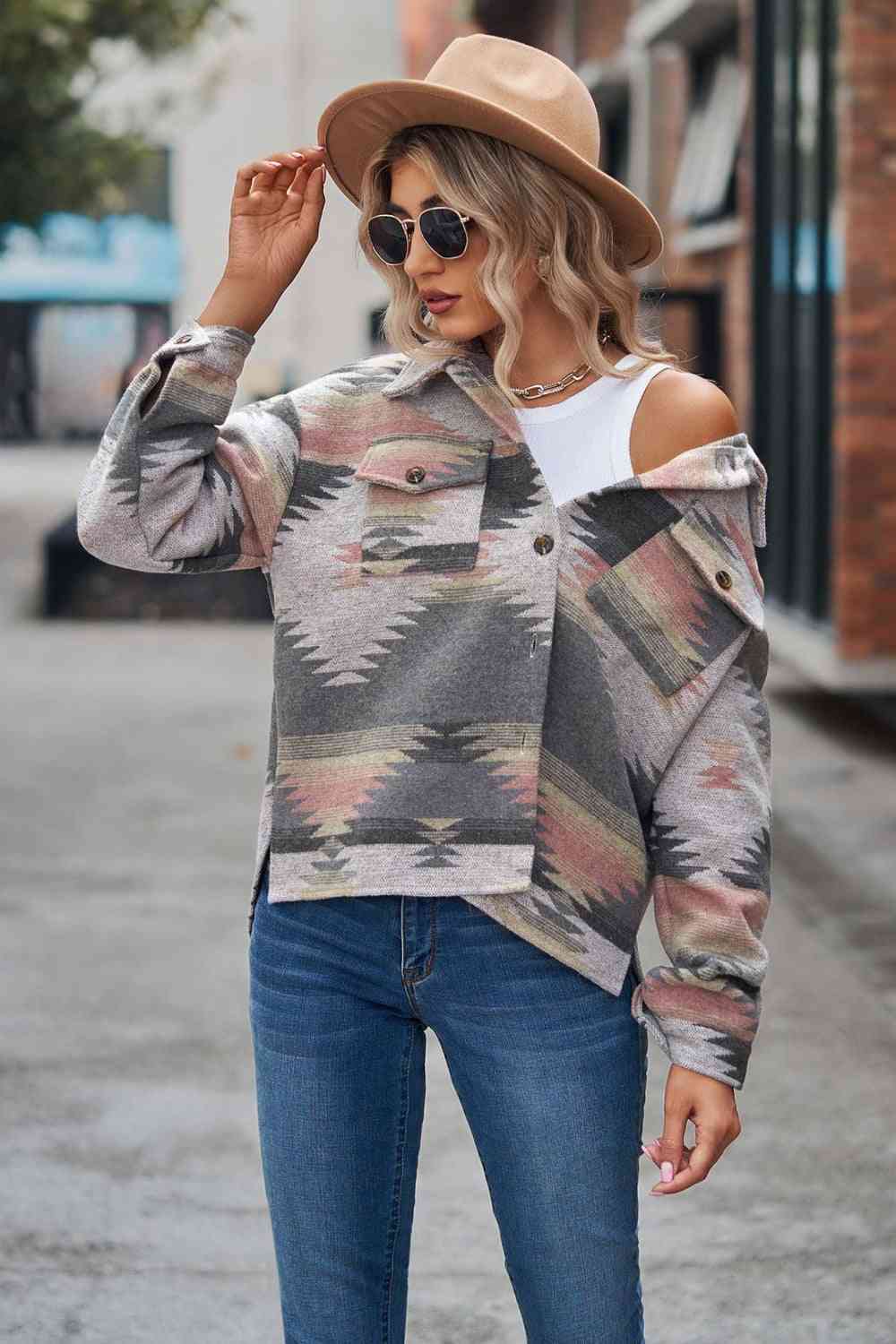 Printed Collared Neck Jacket Trandify deal