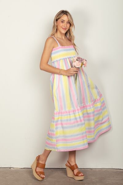 VERY J Striped Woven Smocked Midi Cami Dress Trandify deal