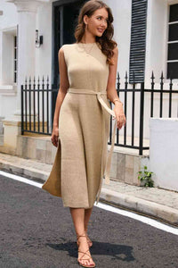 Round Neck Tie Belt Slit Sleeveless Sweater Dress Trandify deal