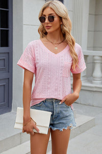 Eyelet V-Neck Short Sleeve T-Shirt Trandify deal