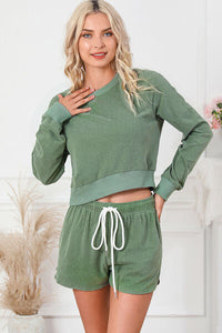 Round Neck Long Sleeve Top and Drawstring Shorts Lounge Set Trandify deal