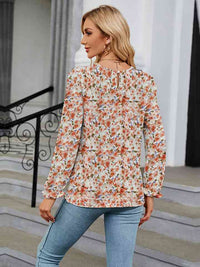 Printed Round Neck Flounce Sleeve Blouse Trandify deal