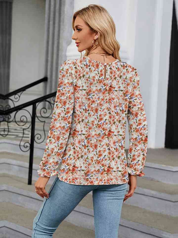 Printed Round Neck Flounce Sleeve Blouse Trandify deal