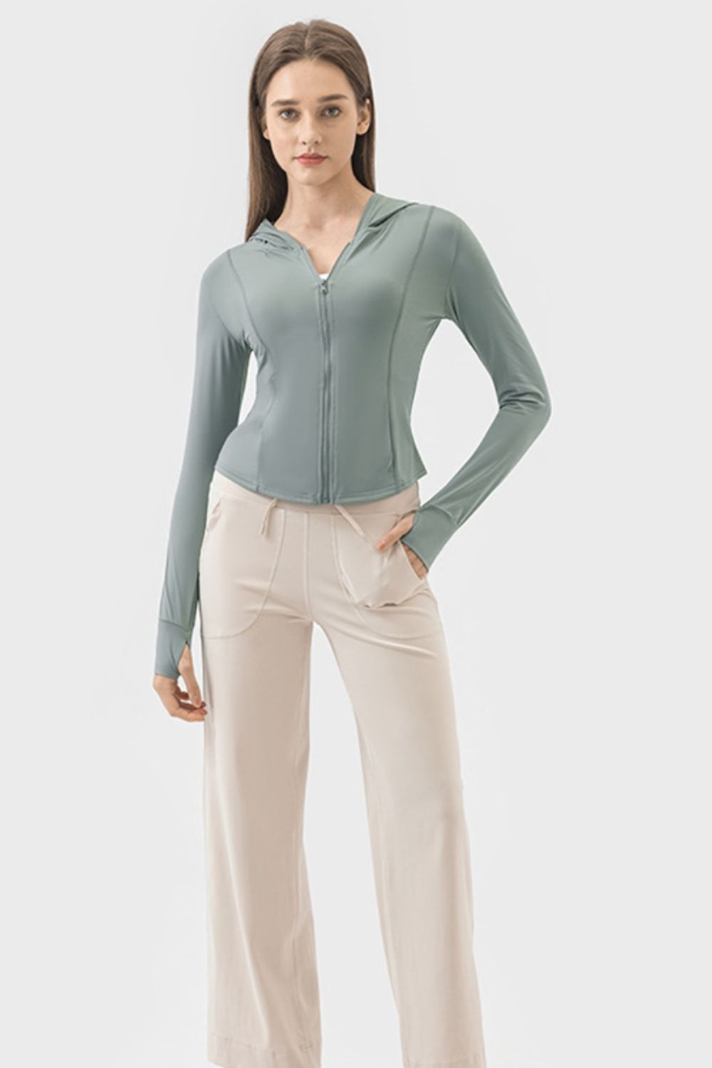 Pocketed Zip Up Hooded Long Sleeve Active Outerwear Trandify deal
