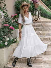 Tie Neck Short Sleeve Ruffle Hem Dress Trandify deal