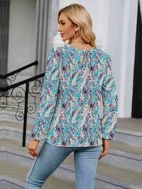 Printed Round Neck Flounce Sleeve Blouse Trandify deal